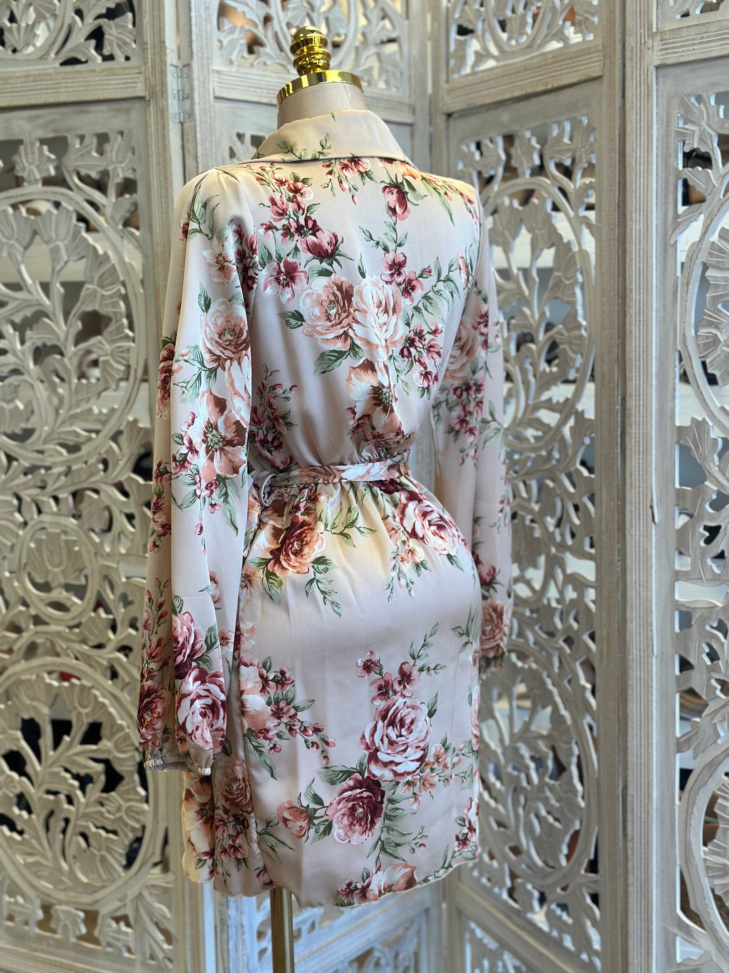 Satin Floral Wrapped Mini Dress- Estira, Stretchy