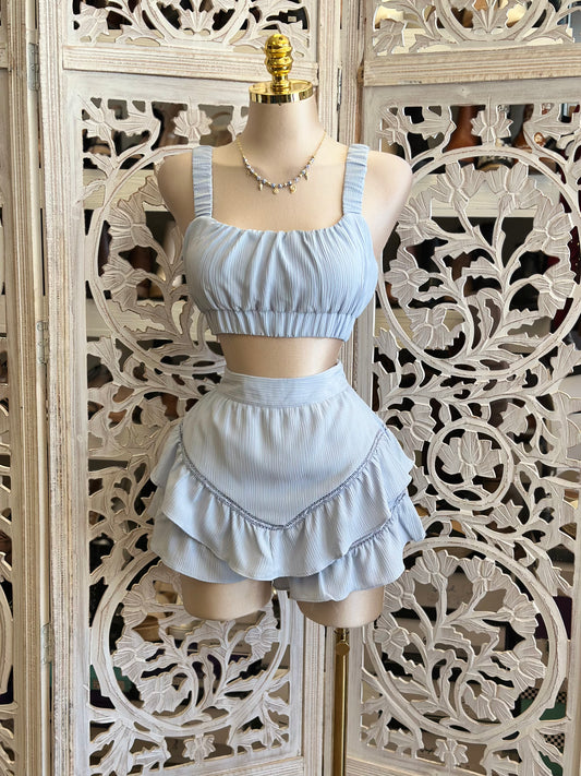 Linen Blue Mini Skirt Set- Slightly Stretchy, Estira Poco
