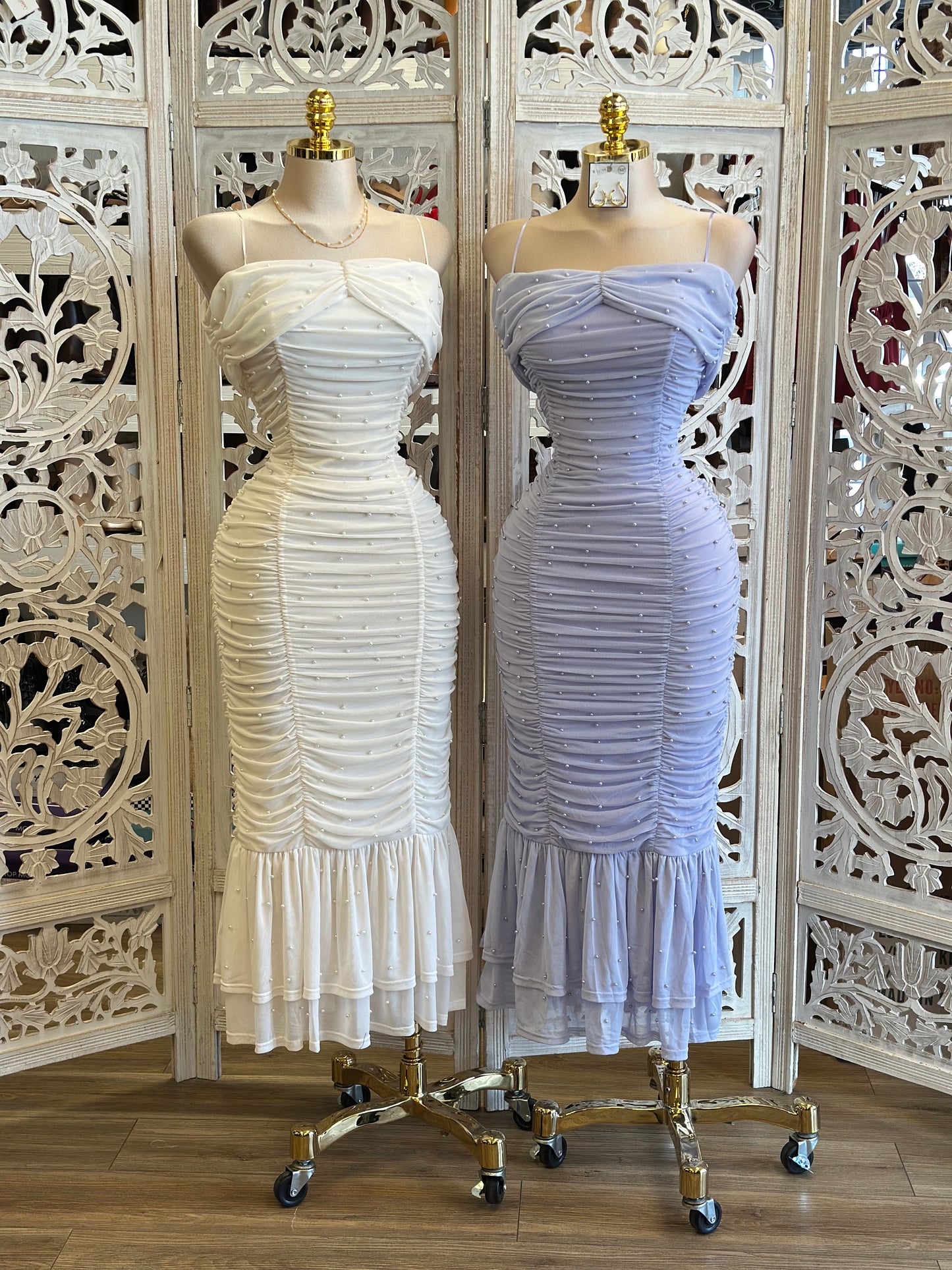 Ruched Embellished Midi Dress- Stretchy, Estira