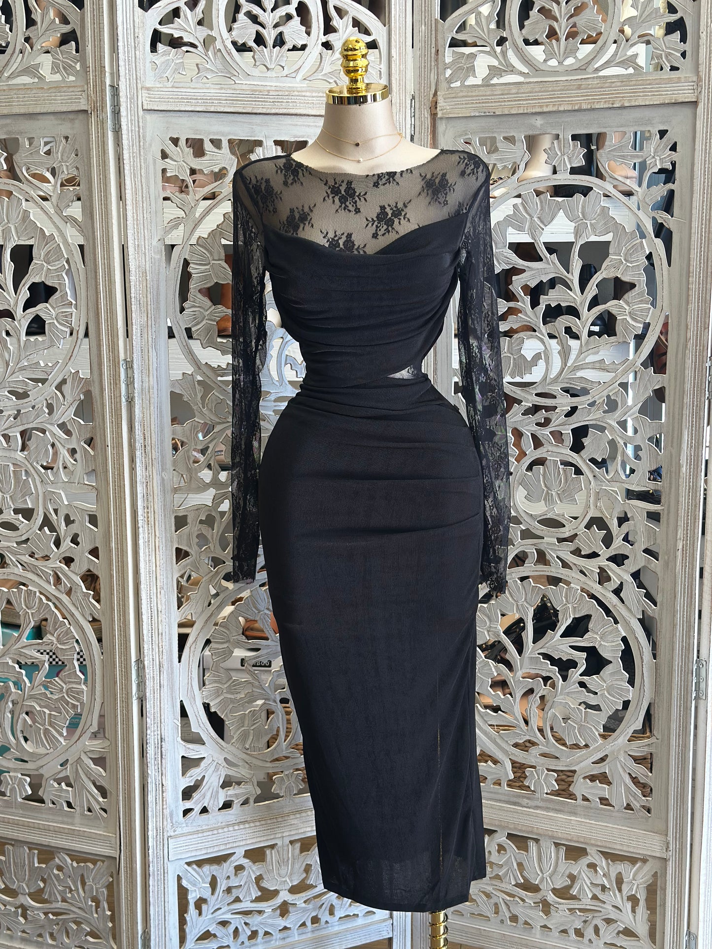 Mesh Floral Black Dress- Stretchy,Estira