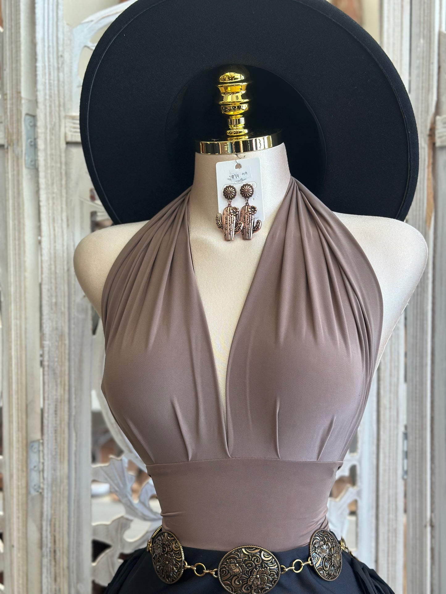 Taupe Open Back Mini Blouse - Estira, Stretchy