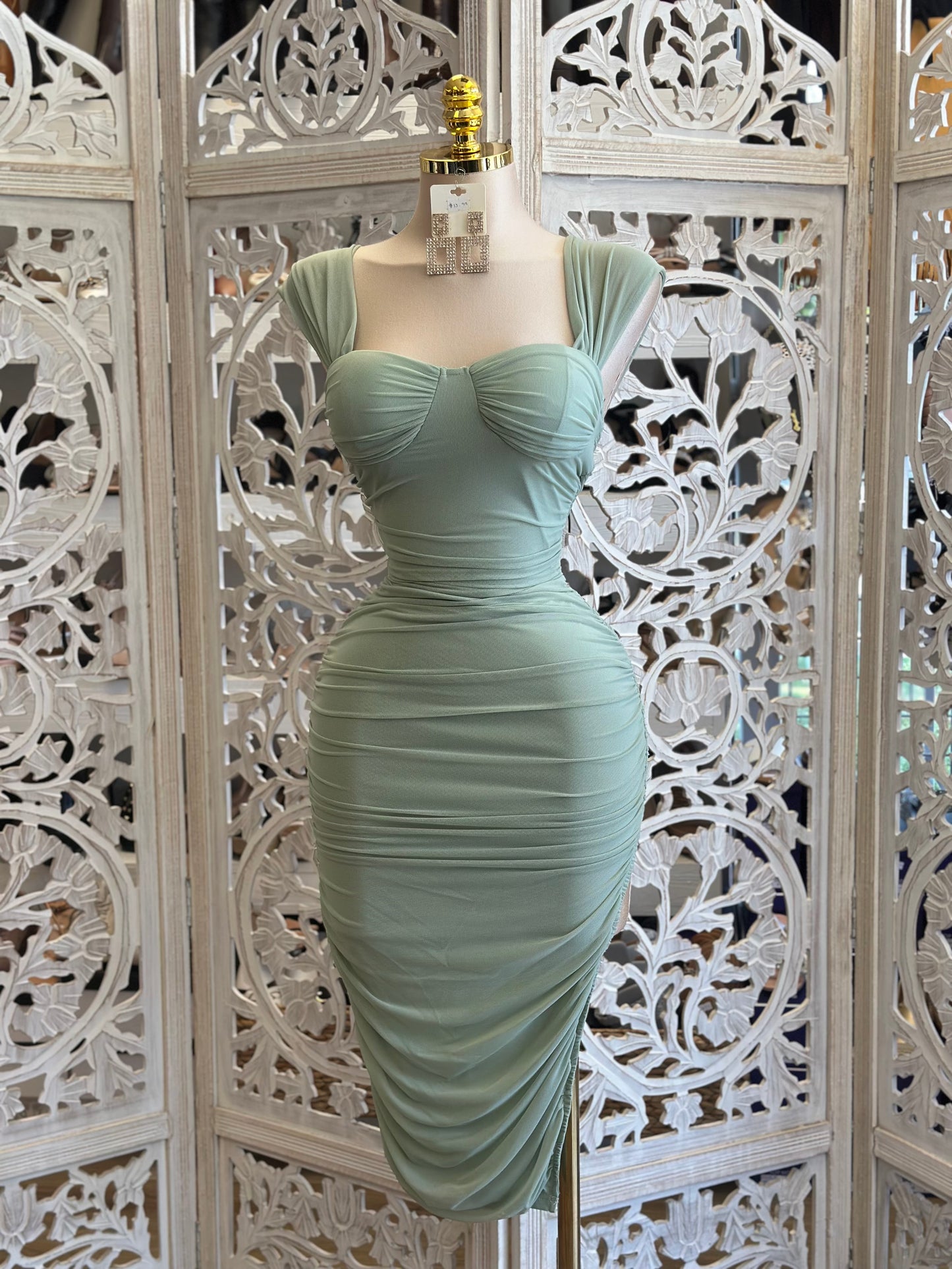 Seafoam Heartlined  Ruched Midi Dress- Stretchy , Estira