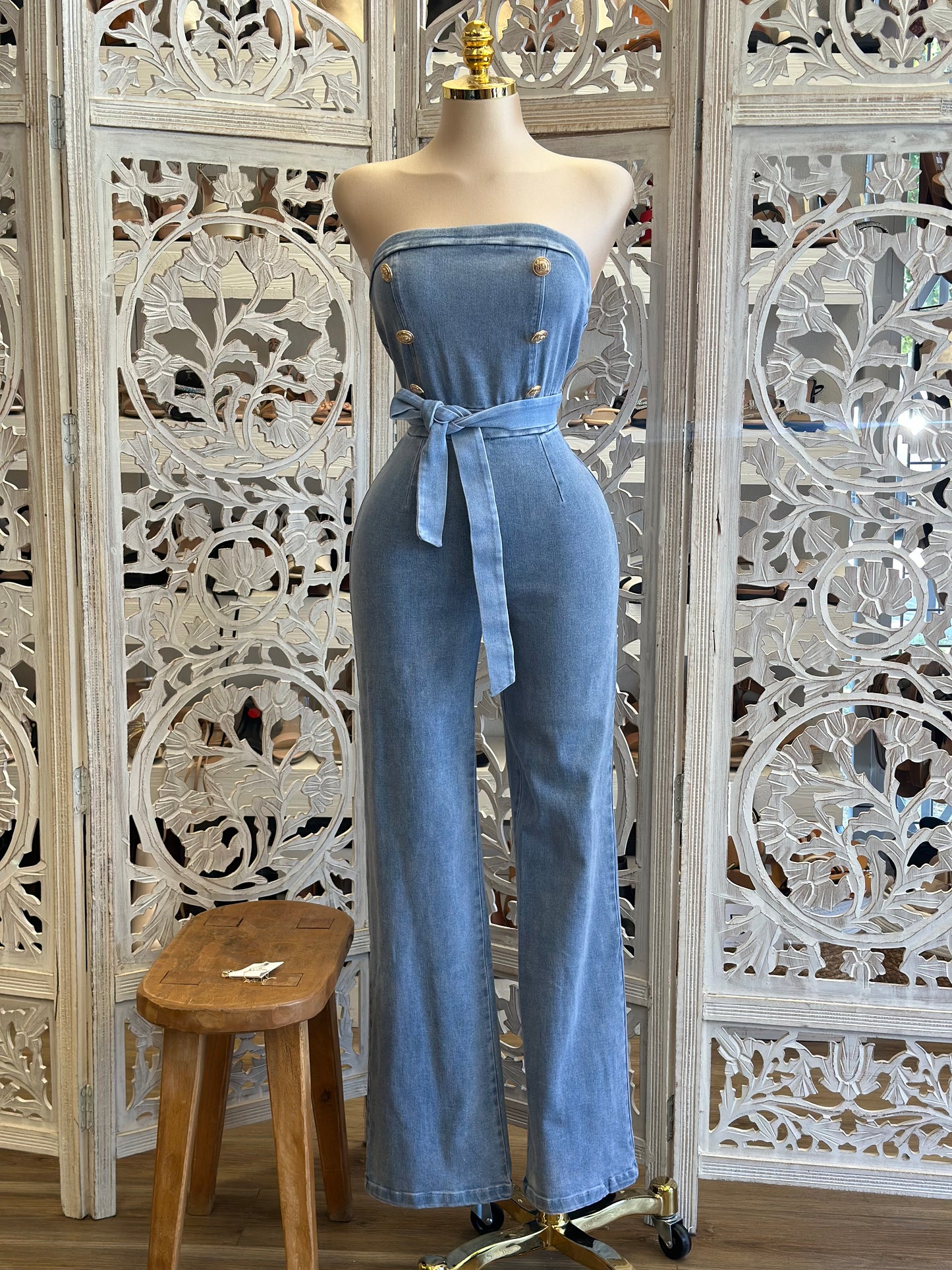 Strapless Denim Button Jumpsuit- Stretchy