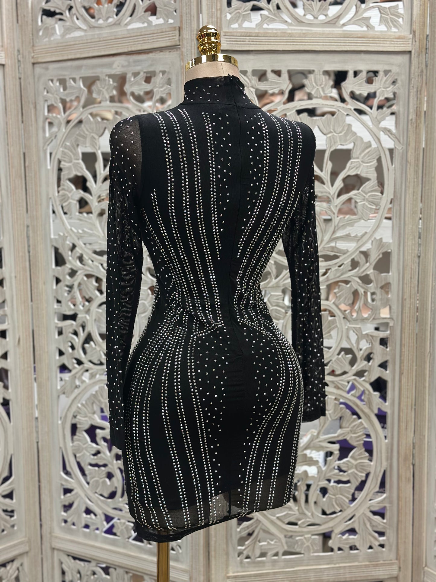 Geometric Black Rhinestone Mini Dress- Slightly Stretchy,Estira Poco
