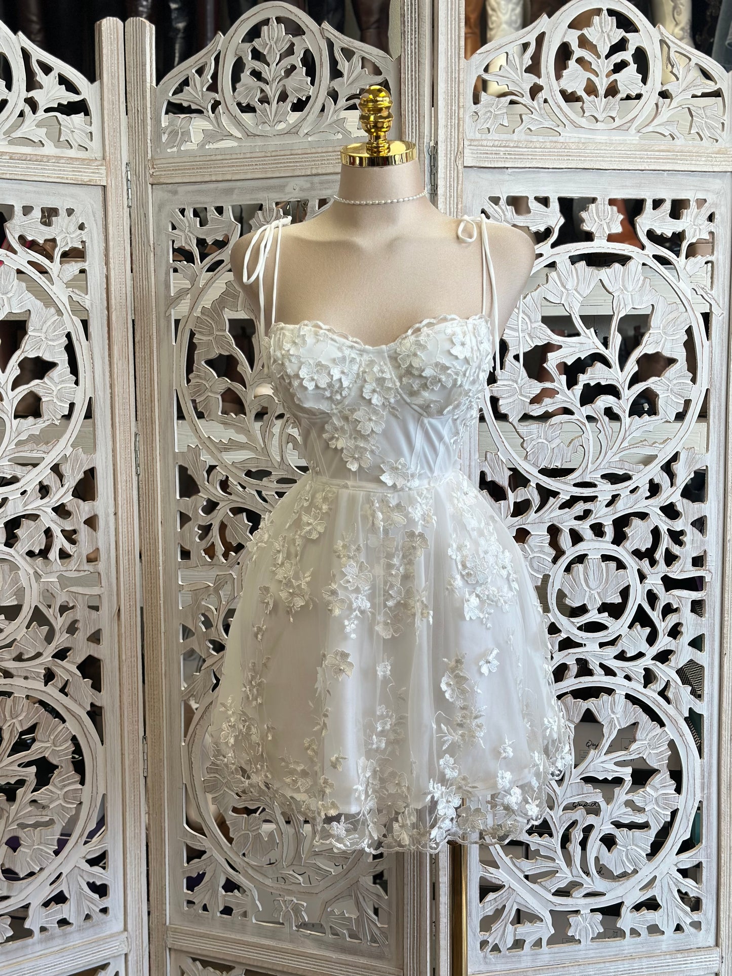 Ribbon Strap Floral White Mini Dress-Not Stretchy,No Estira