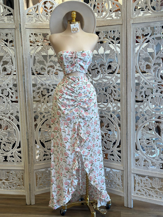 Strapless Ruched Floral Set - No Estira, Not Stretchy