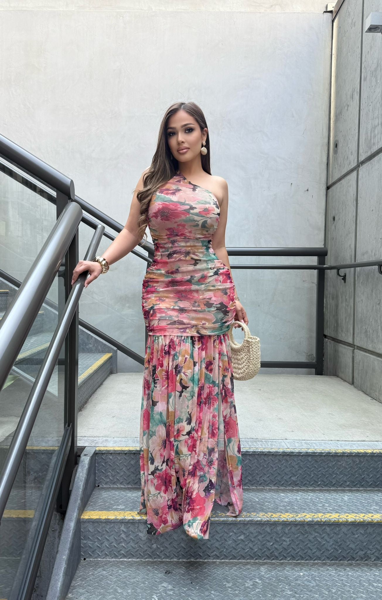 Pink Tones Floral One Sleeve Dress-Estira, Stretchy