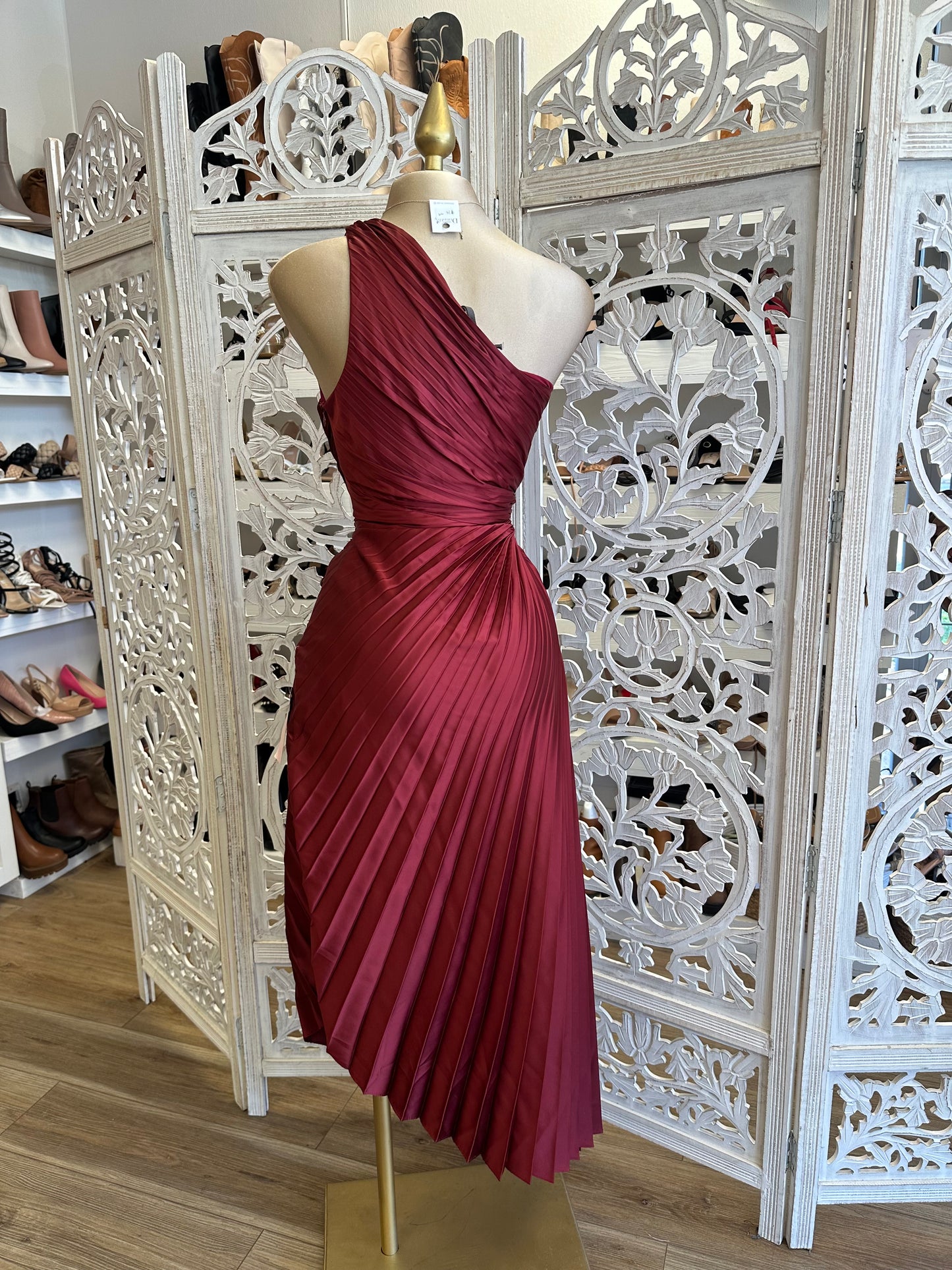 Burgundy Pleated One Sleeve Cutout Dress - No Estira, Not Stretchy