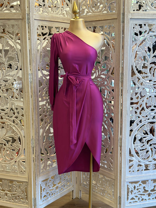 Draped Magenta One Sleeve Dress