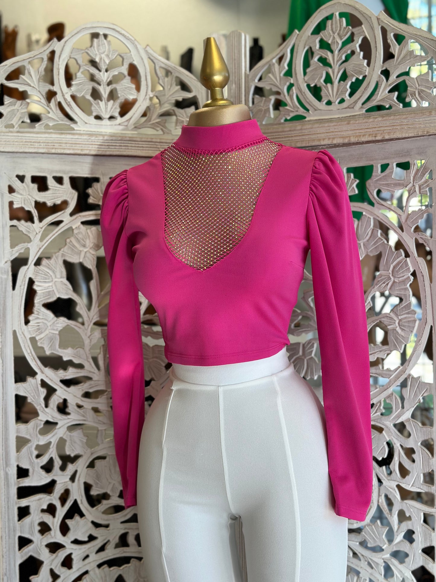 Hot Pink Rhinestone Scoop Blouse