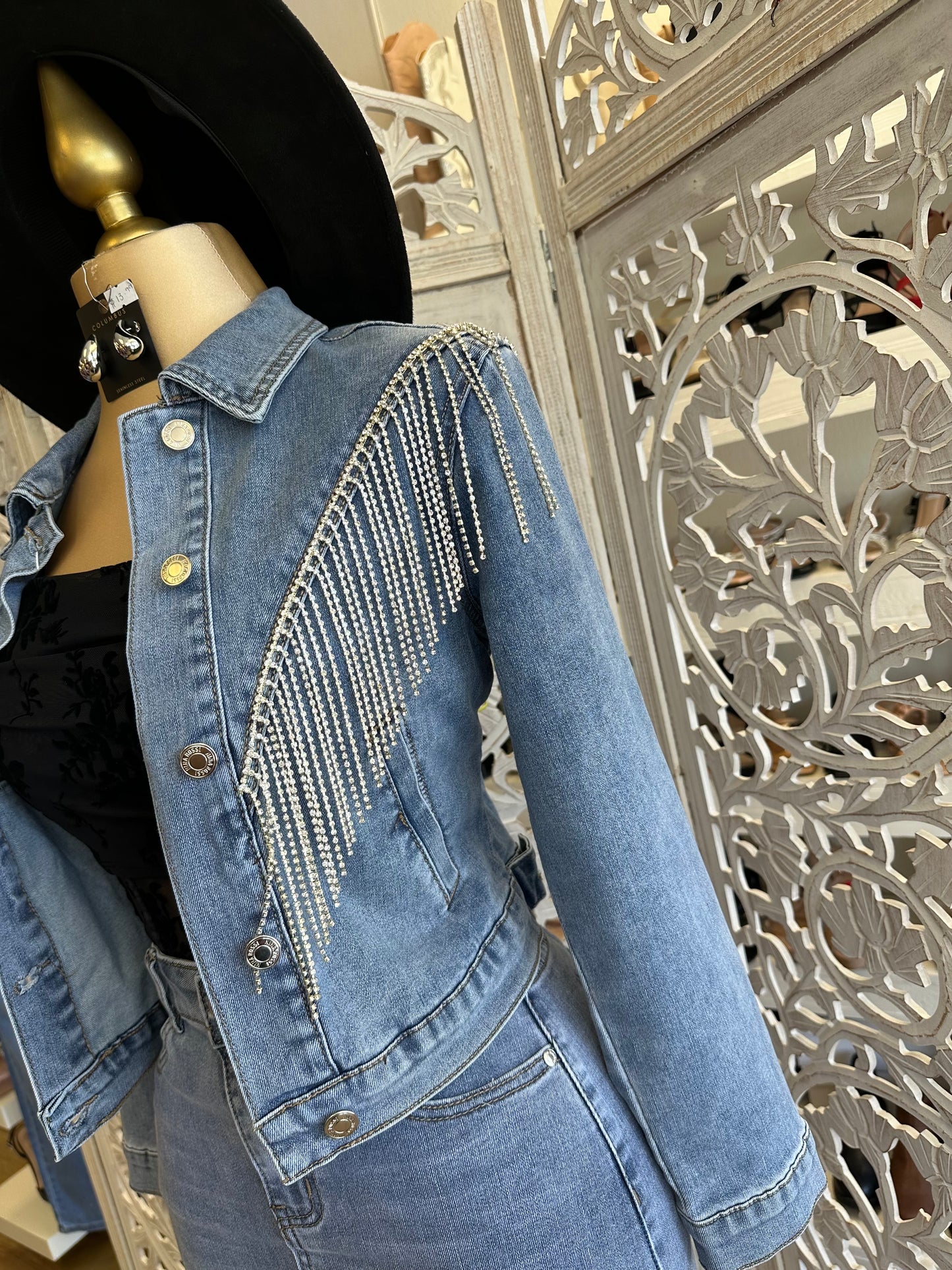 Rhinestone Fringe Denim Jacket- Stretchy