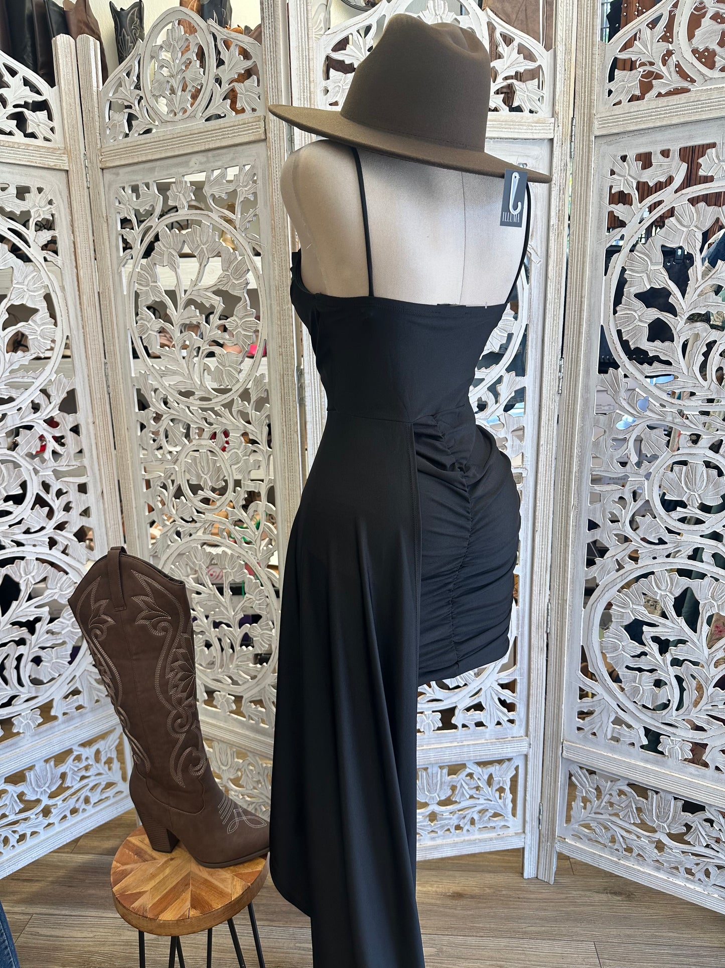 Black Tailed Mini Dress- Stretchy, Estira