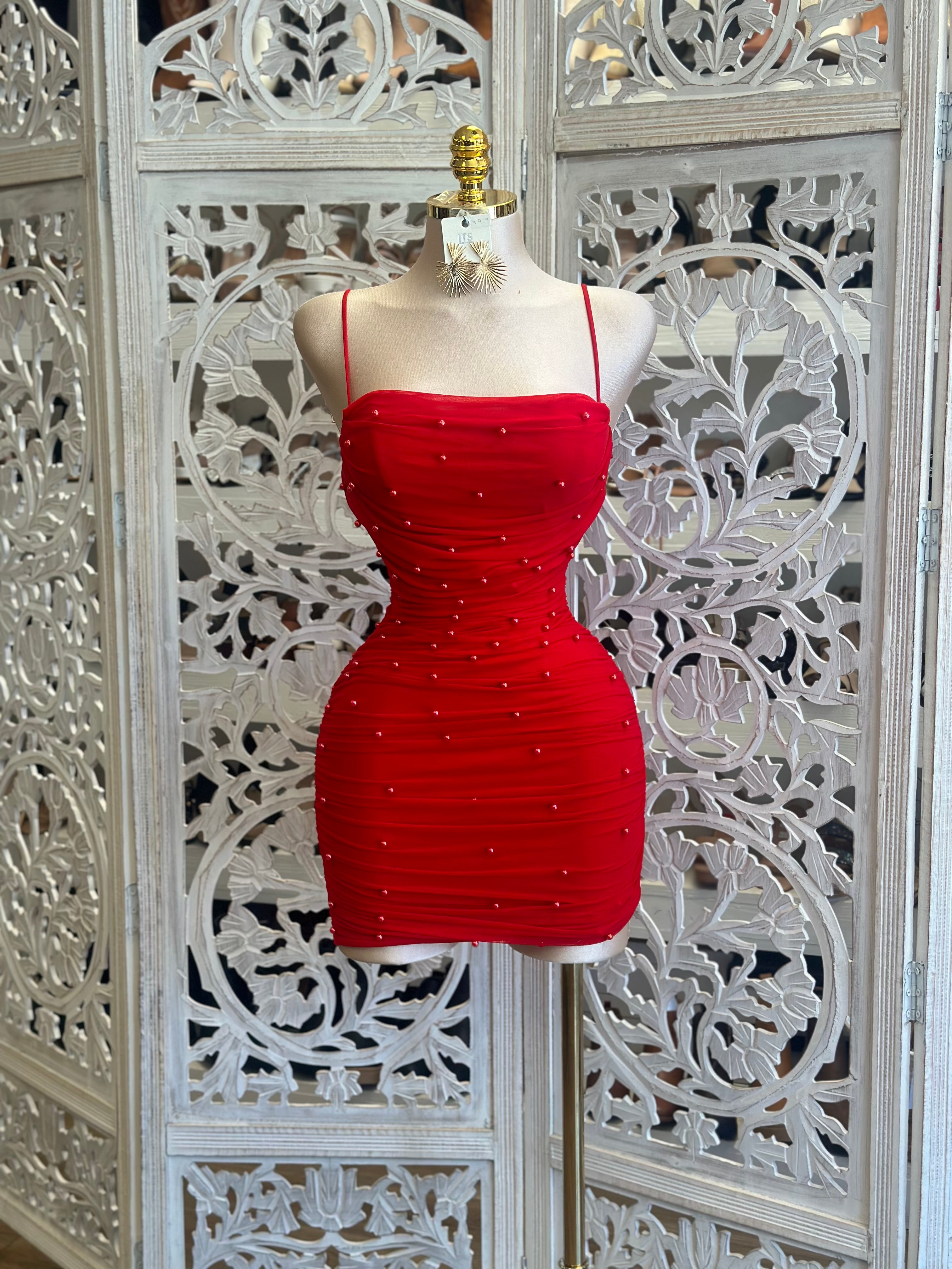 Deep Red Pearl Mini Dress Estira Stretchy Shop laboutiquee deep-red-pearl-mini-dress-estira-stretchy-shop-laboutiquee