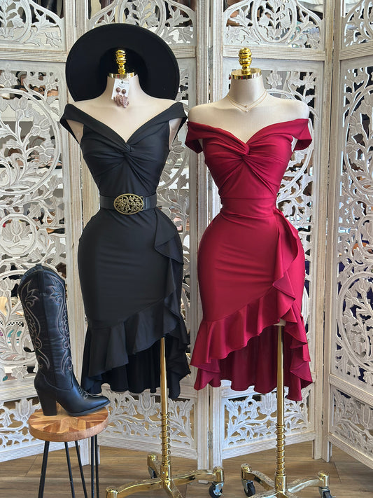 Heart Line Knotted Ruffled Dress- Stretchy