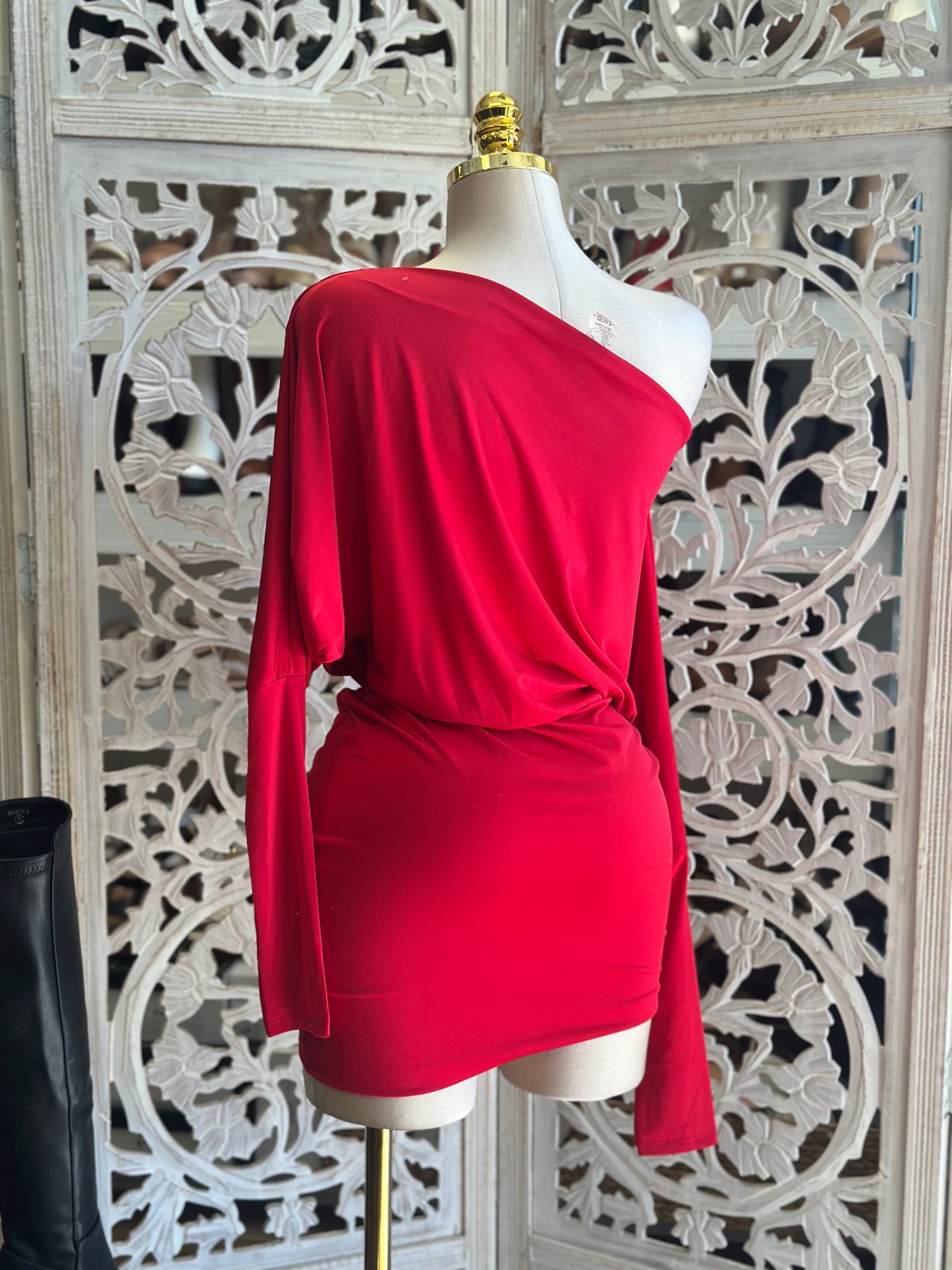 Red Asymmetrical Off Shoulder Mini Dress- Stretchy,Estira