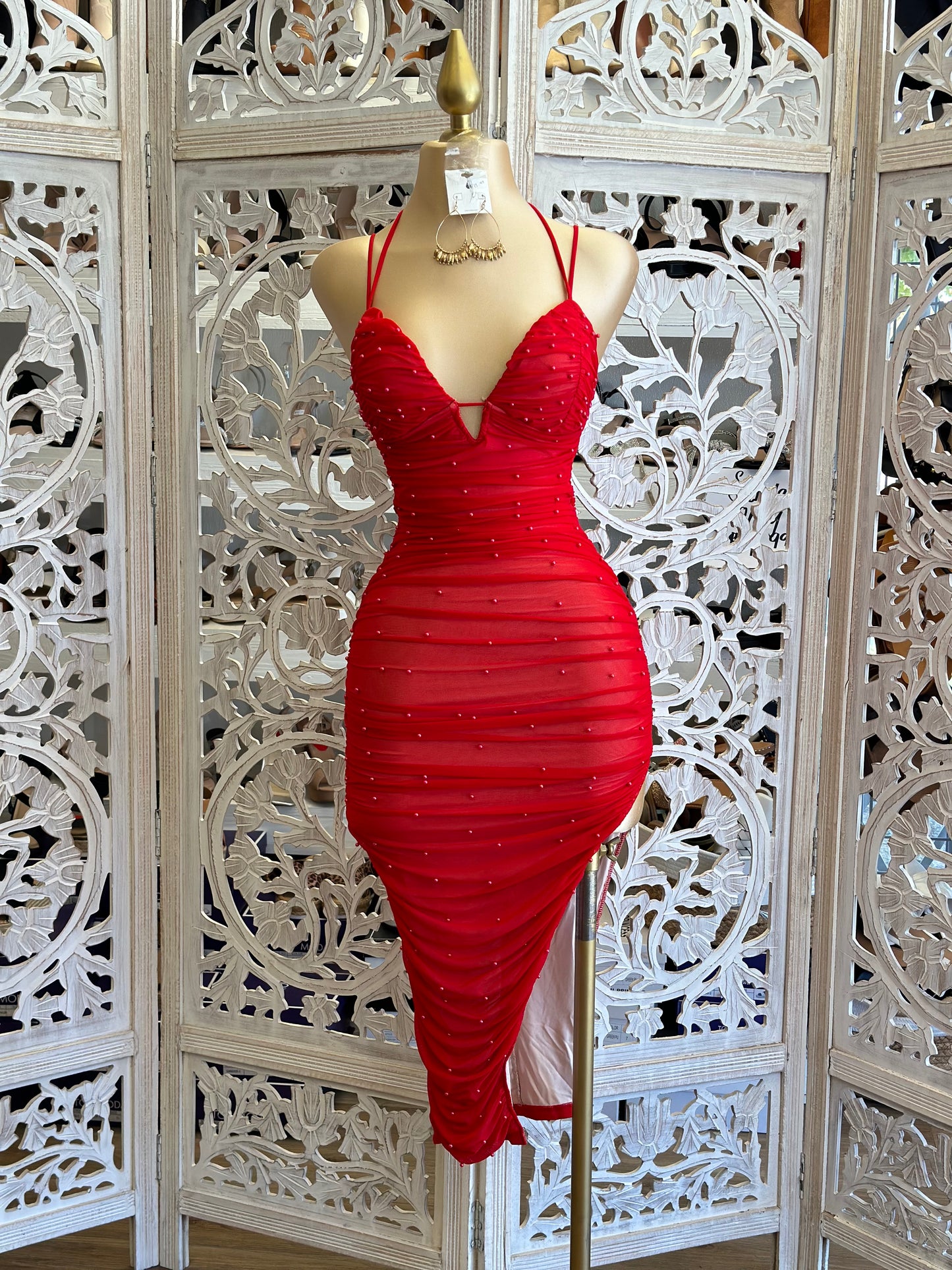 Red Pearl Mesh Midi Dress- Stretchy, Estira