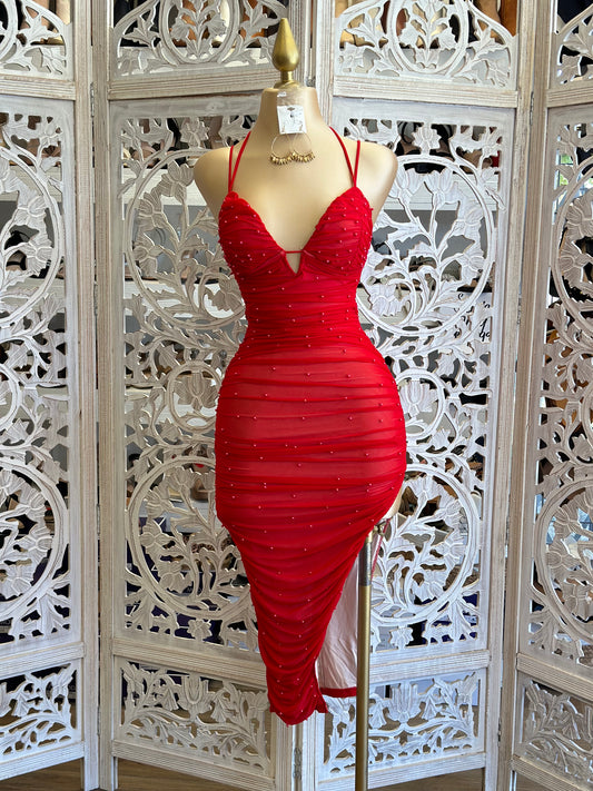 Red Pearl Mesh Midi Dress- Stretchy, Estira