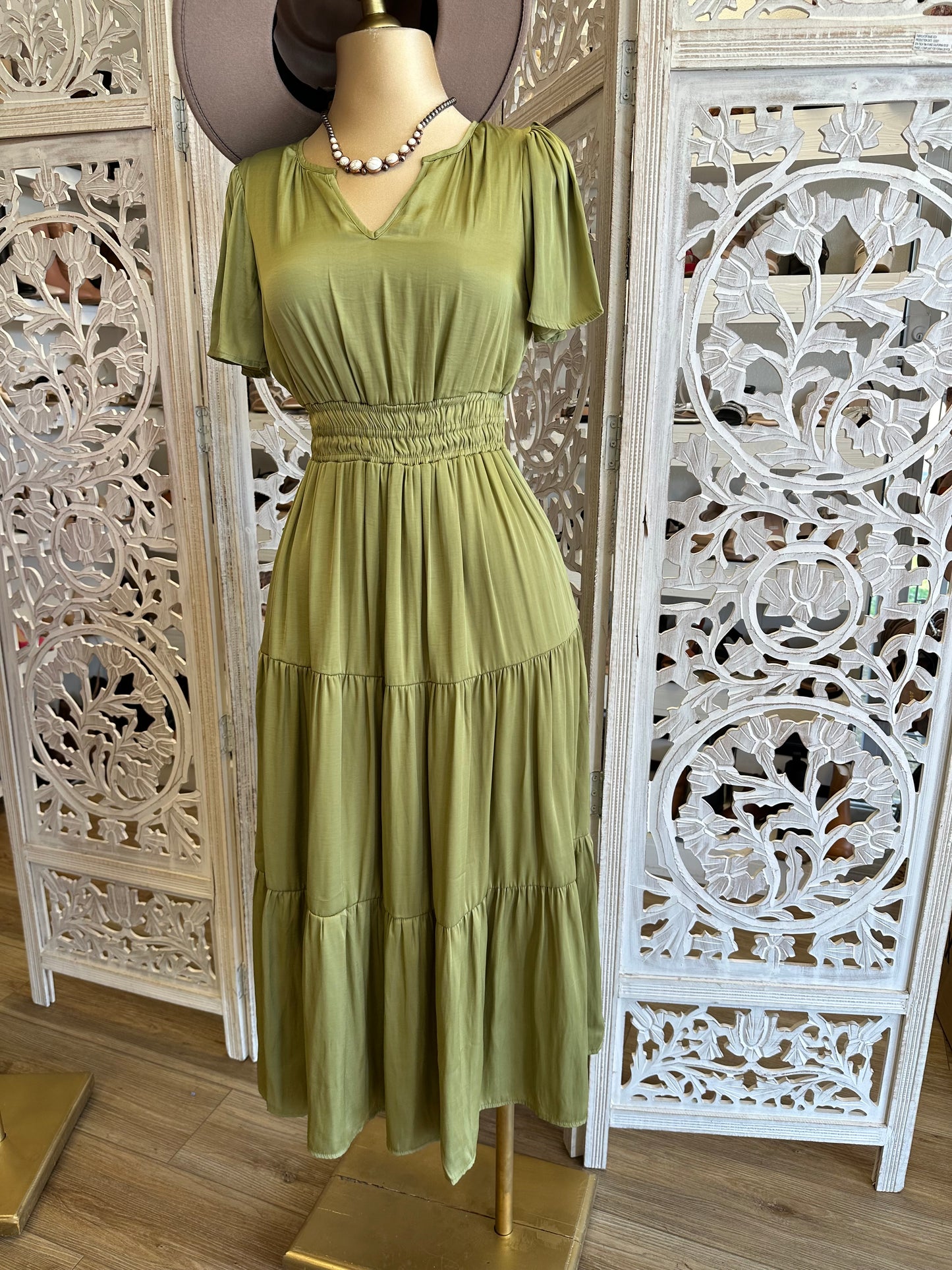 Olive Short Sleeve Maxi Dress- Stretchy