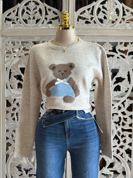 Baby BlueTeddy Bear Ribbon Cozy Sweater