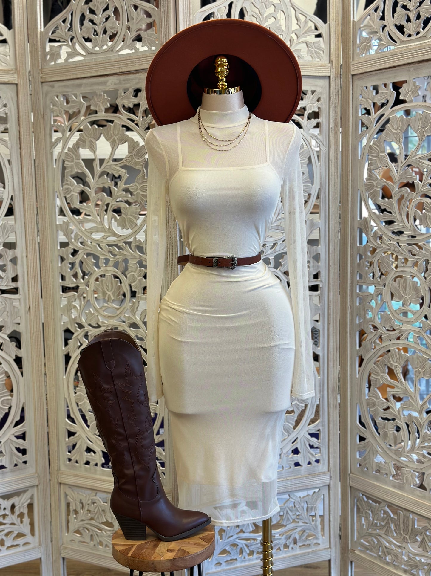 Ivory Long Sleeve Mesh Midi Dress - Estira, Stretchy
