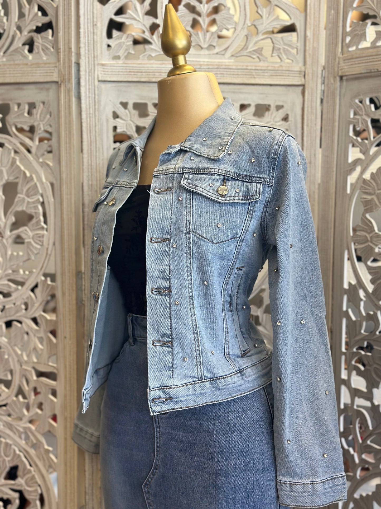 Rhinestone Detail Denim Jacket- Stretchy