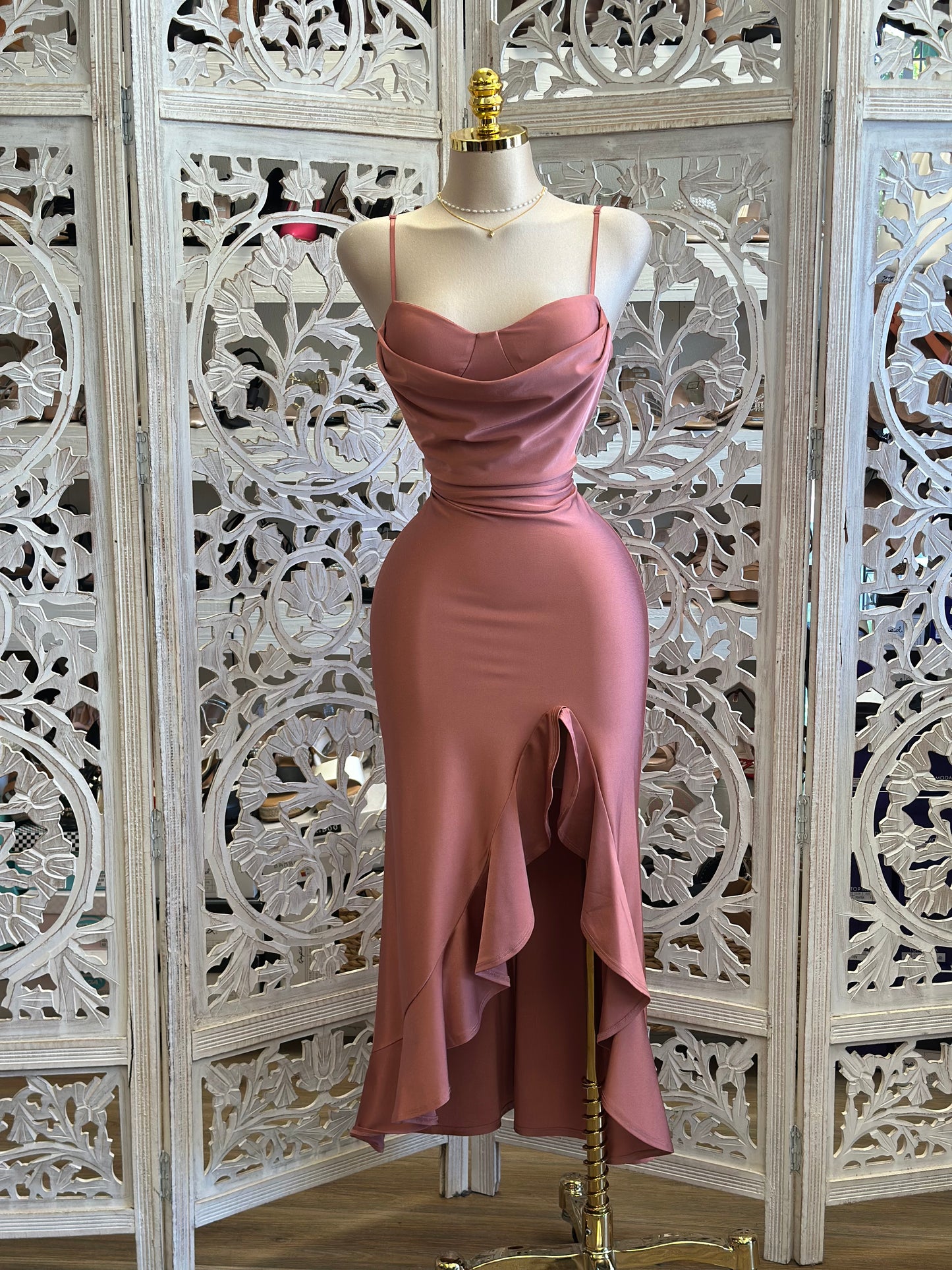 Candy Pink Ruffle Slit Cami Midi Dress - Estira, Stretchy