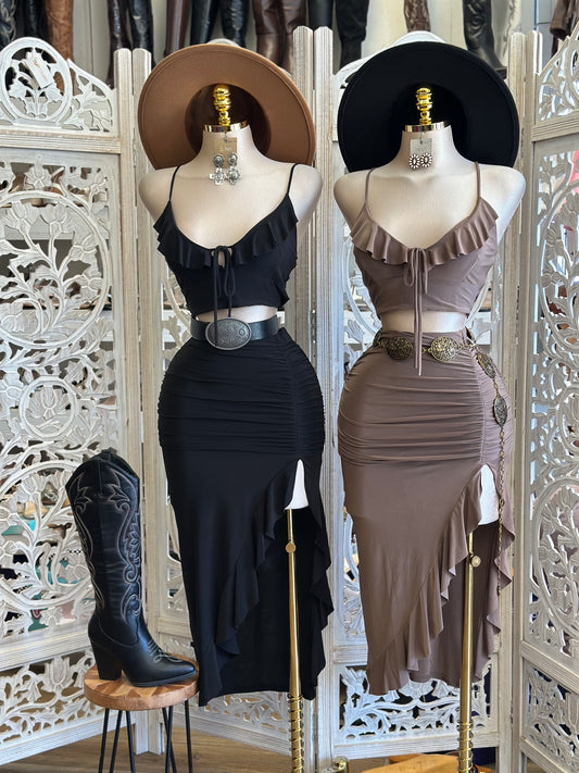 Ruffle Solid Skirt Set- Estira,Stretchy