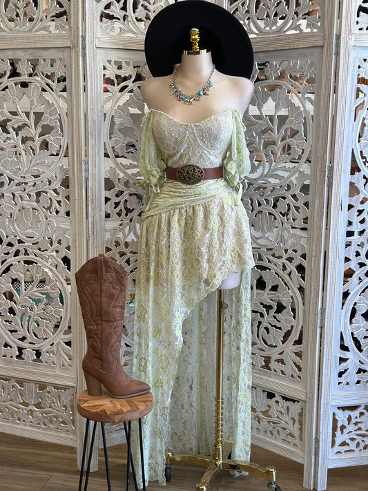 Lime Lace Boho High Low Dress- Not Stretchy, No Estira