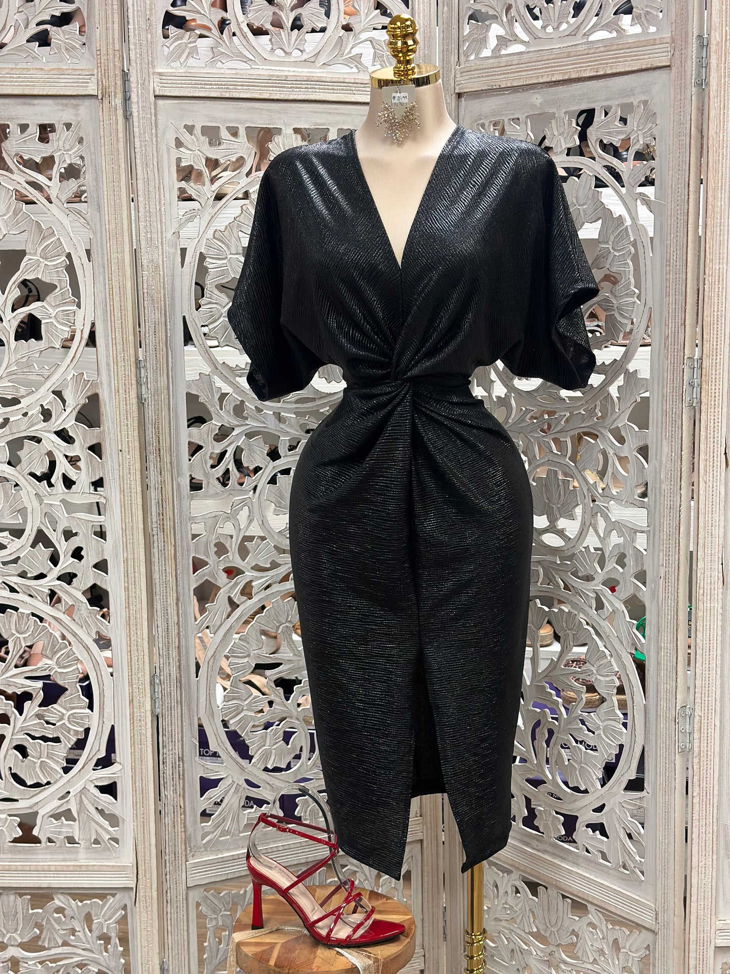 Black Metallic Knit Knotted Midi Dress- Stretchy,Estira