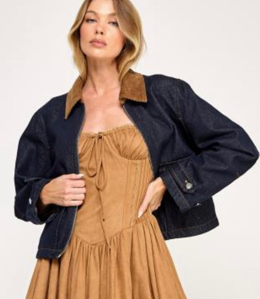 Corduroy Neck Denim Cropped Jacket