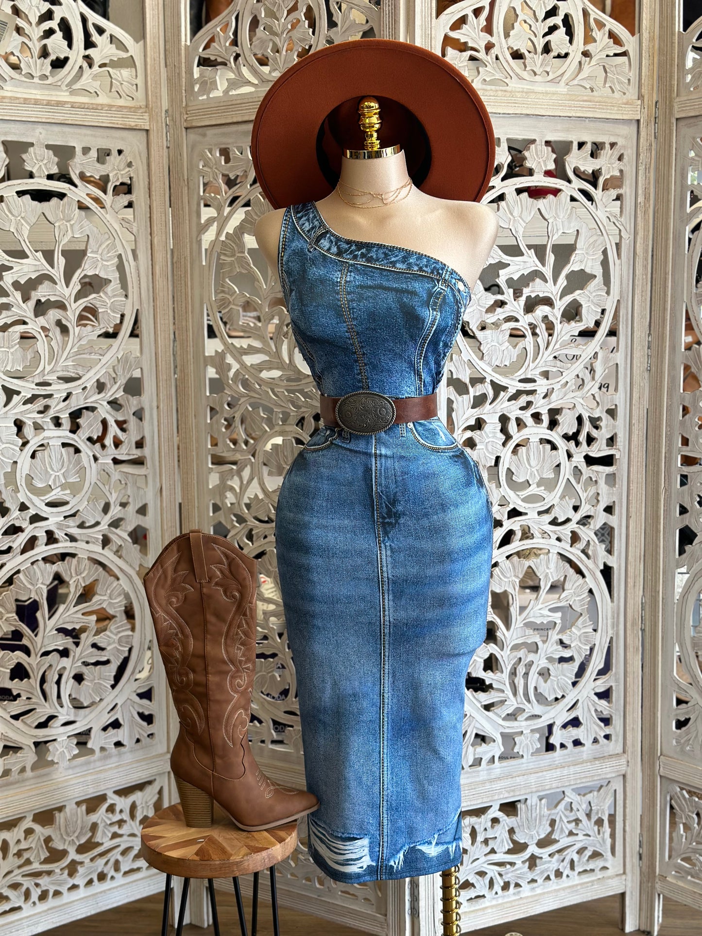 Faux Denim Print Dress - Estira(imitacion mezclilla, licra), Stretchy(faux denim, spandex)