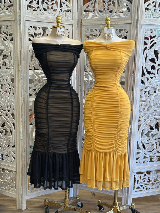 Sheer Mesh Ruched Dress- Estira, Stretchy