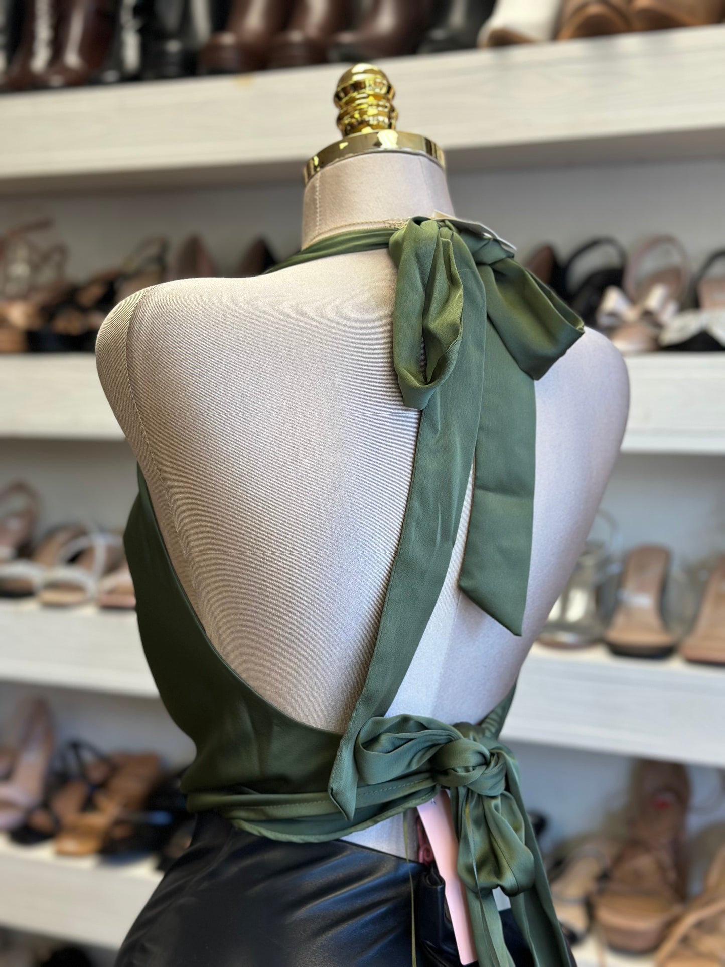 Olive Satin Halter Blouse- Estira, Stretchy