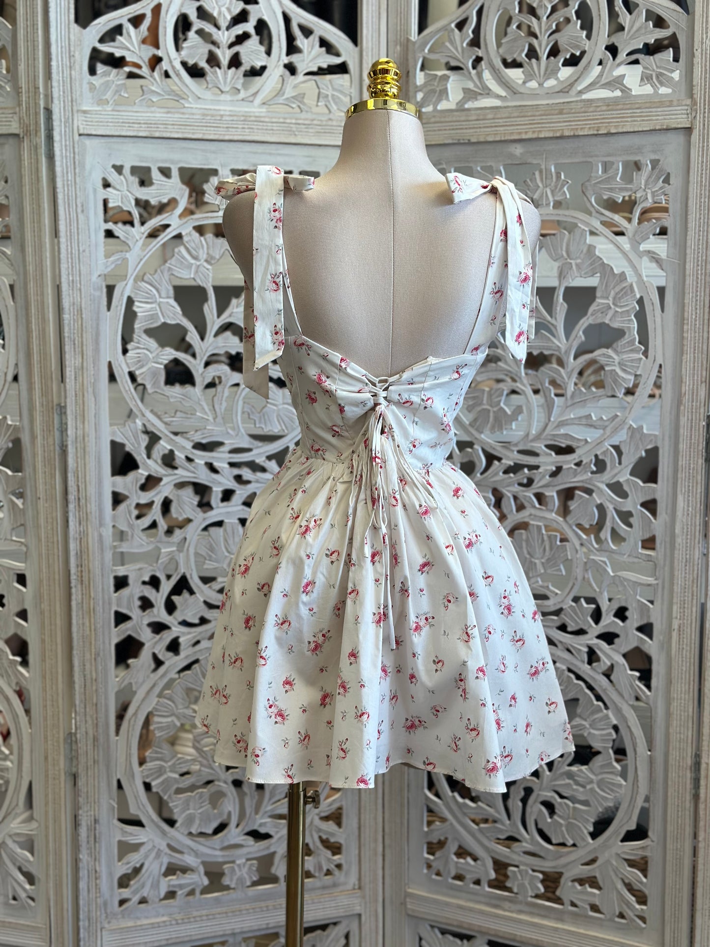 Floral Bow Strap Mini Dress- Not Stretchy ,No Estira