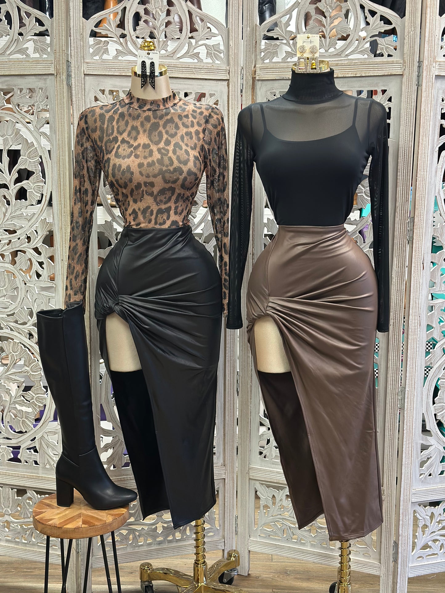 Faux Leather High Leg Knotted Skirt-  Stretchy , Estira