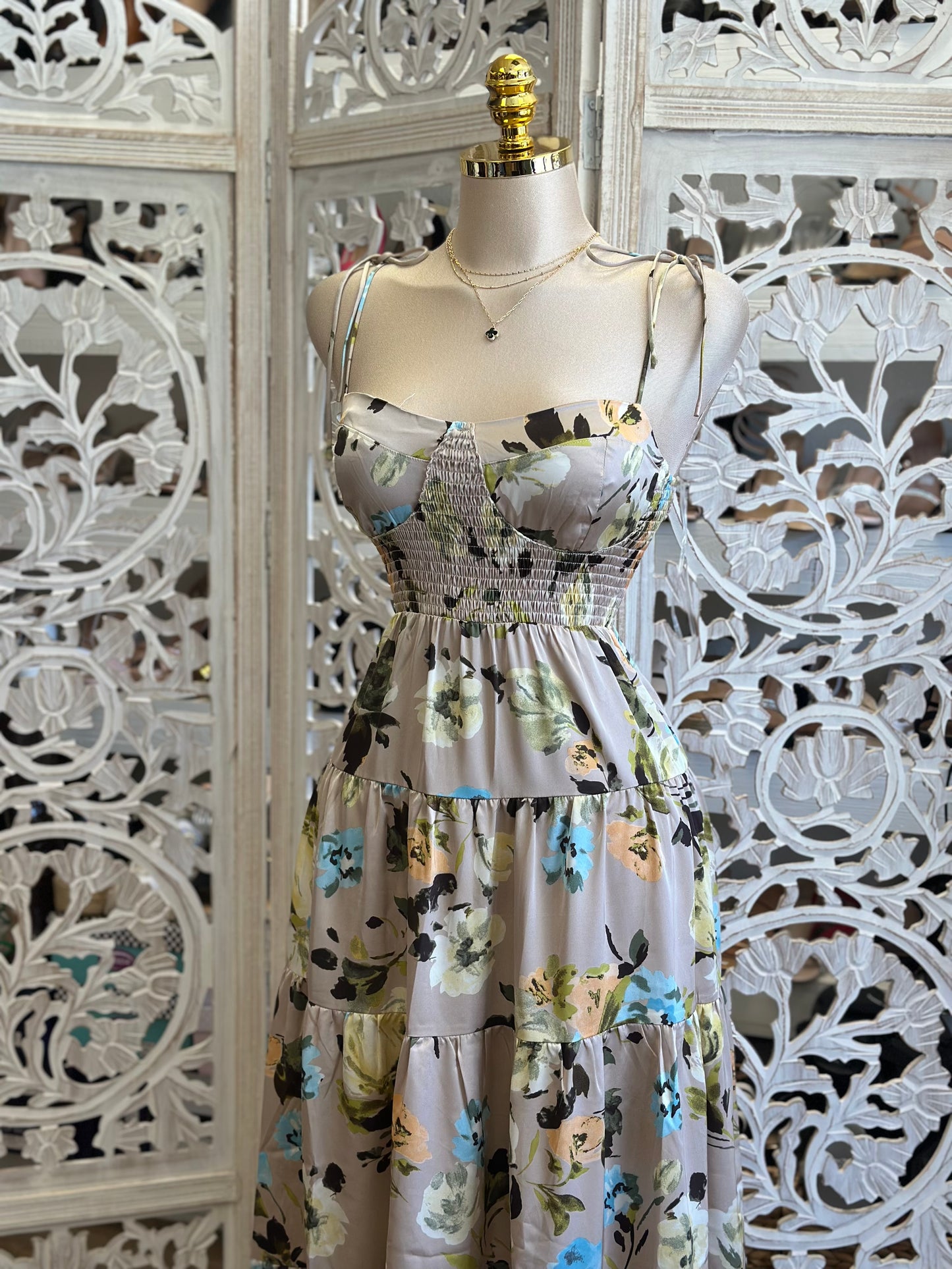 Satin Beige Floral Maxi Dress Dress- Estira, Stretchy