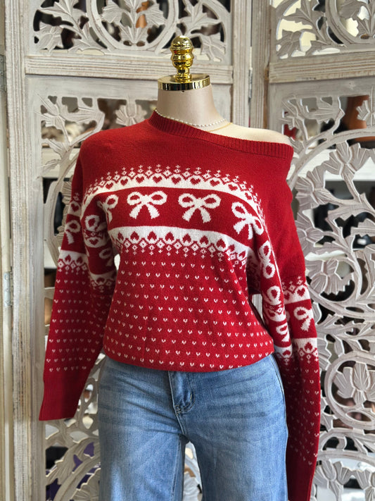 Draped Shoulder Ribbon Bright Red Sweater