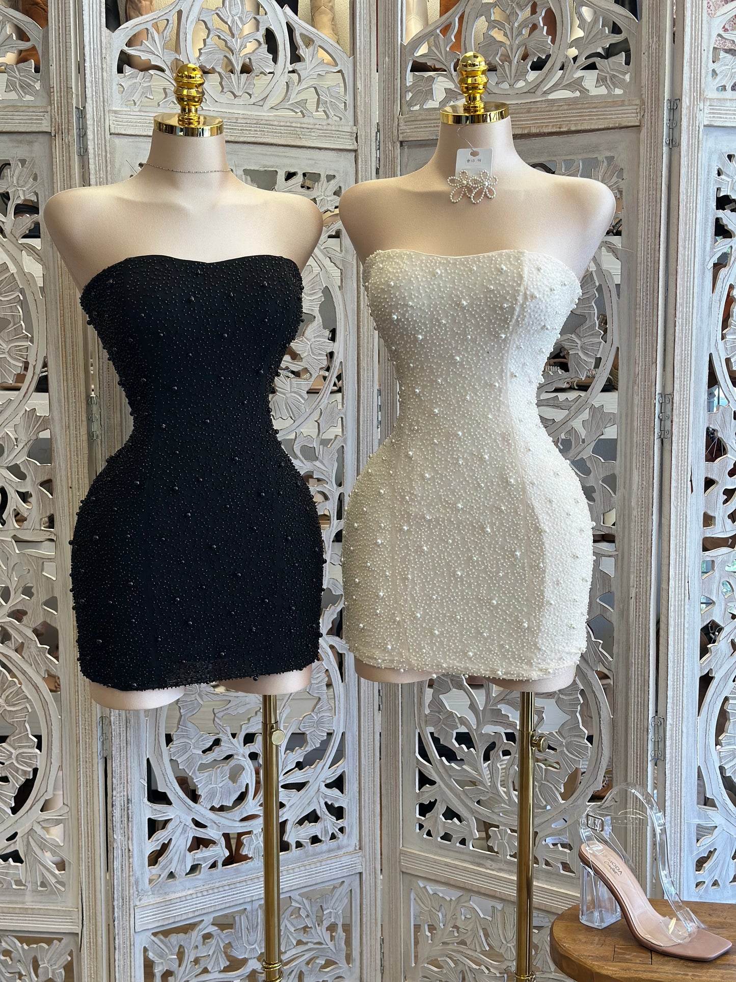 Embellished Pearl Strapless Mini Dress- Stretchy, Estira