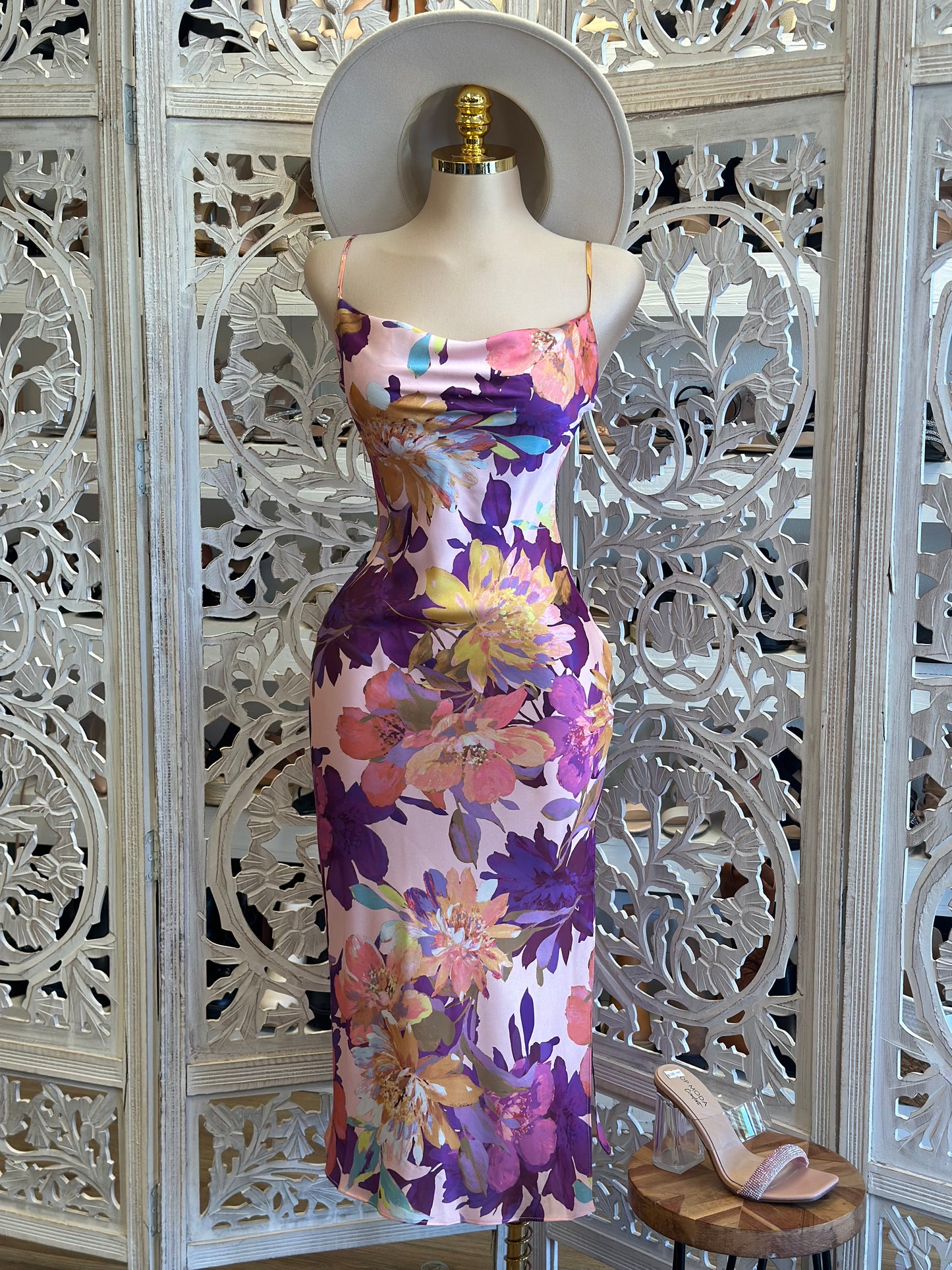 Cowl Neck Multi Colored Floral Midi Dress- No Estira, Not Stretchy