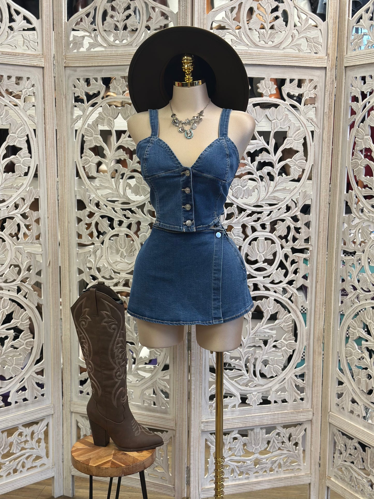 Jean Button Up Mini Skirt Set- Estira Poco , Slightly Stretchy
