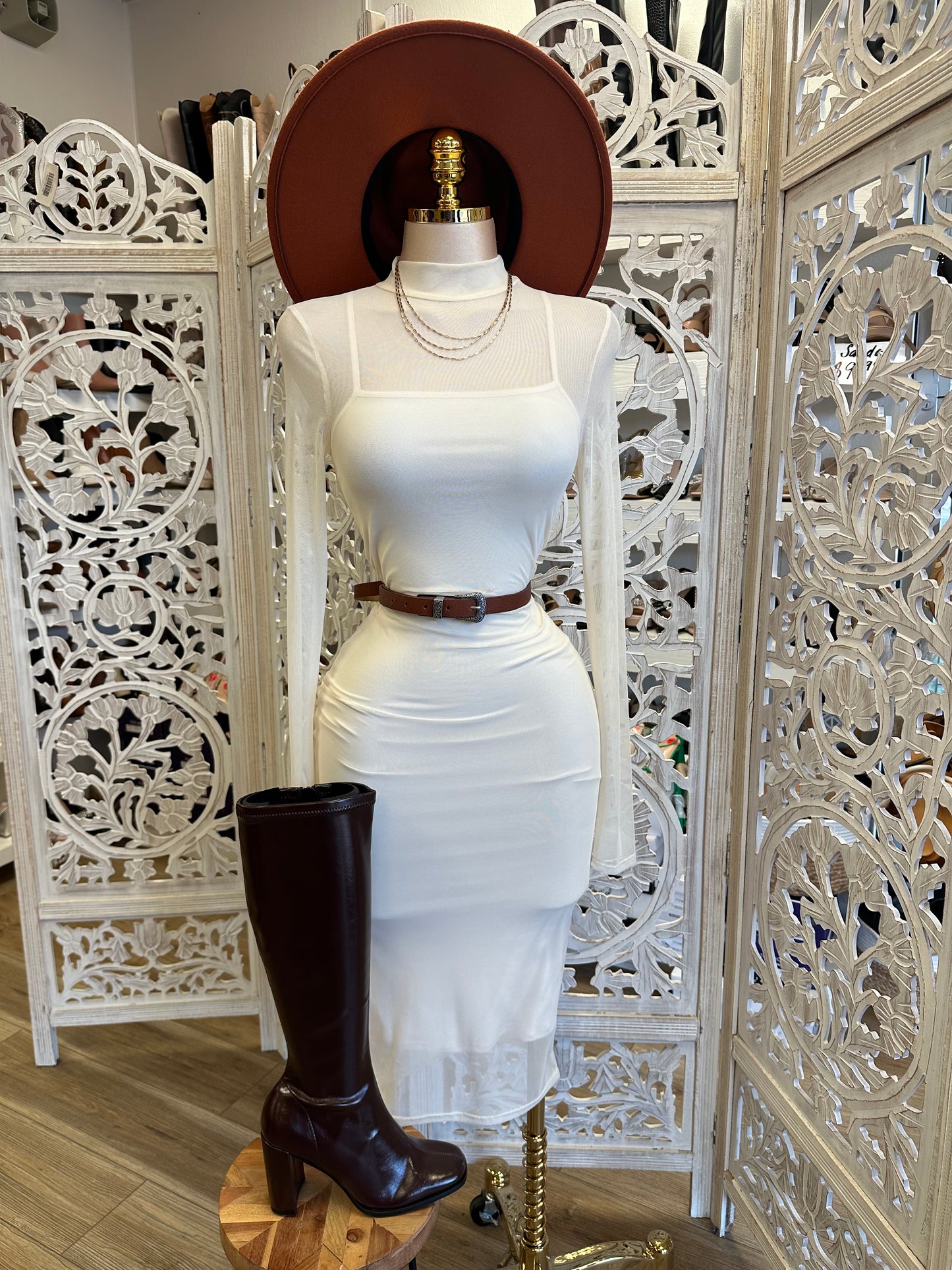 Ivory Long Sleeve Mesh Midi Dress - Estira, Stretchy