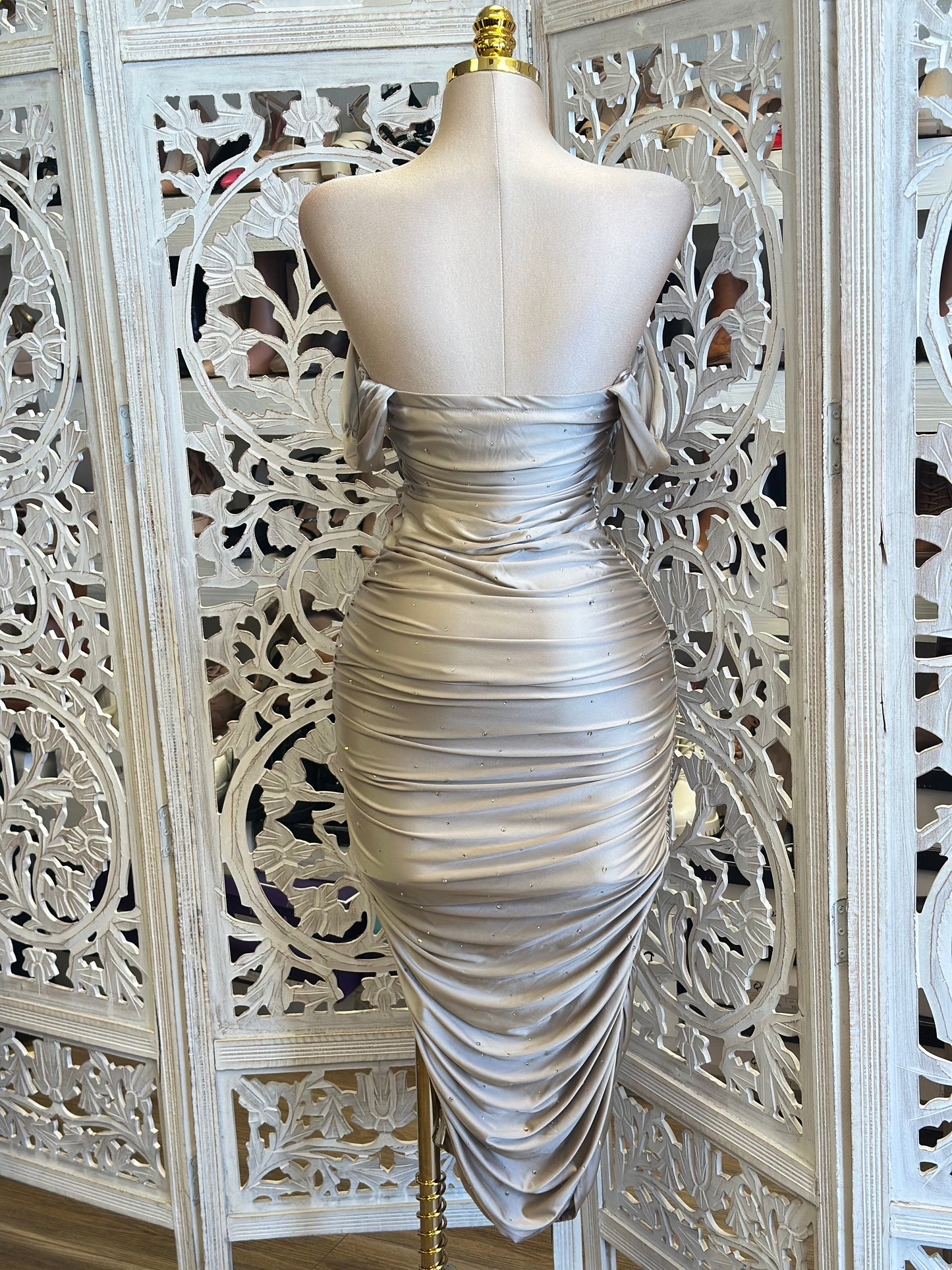 Embellished Champagne Ruched Midi Dress-Estira, Stretchy