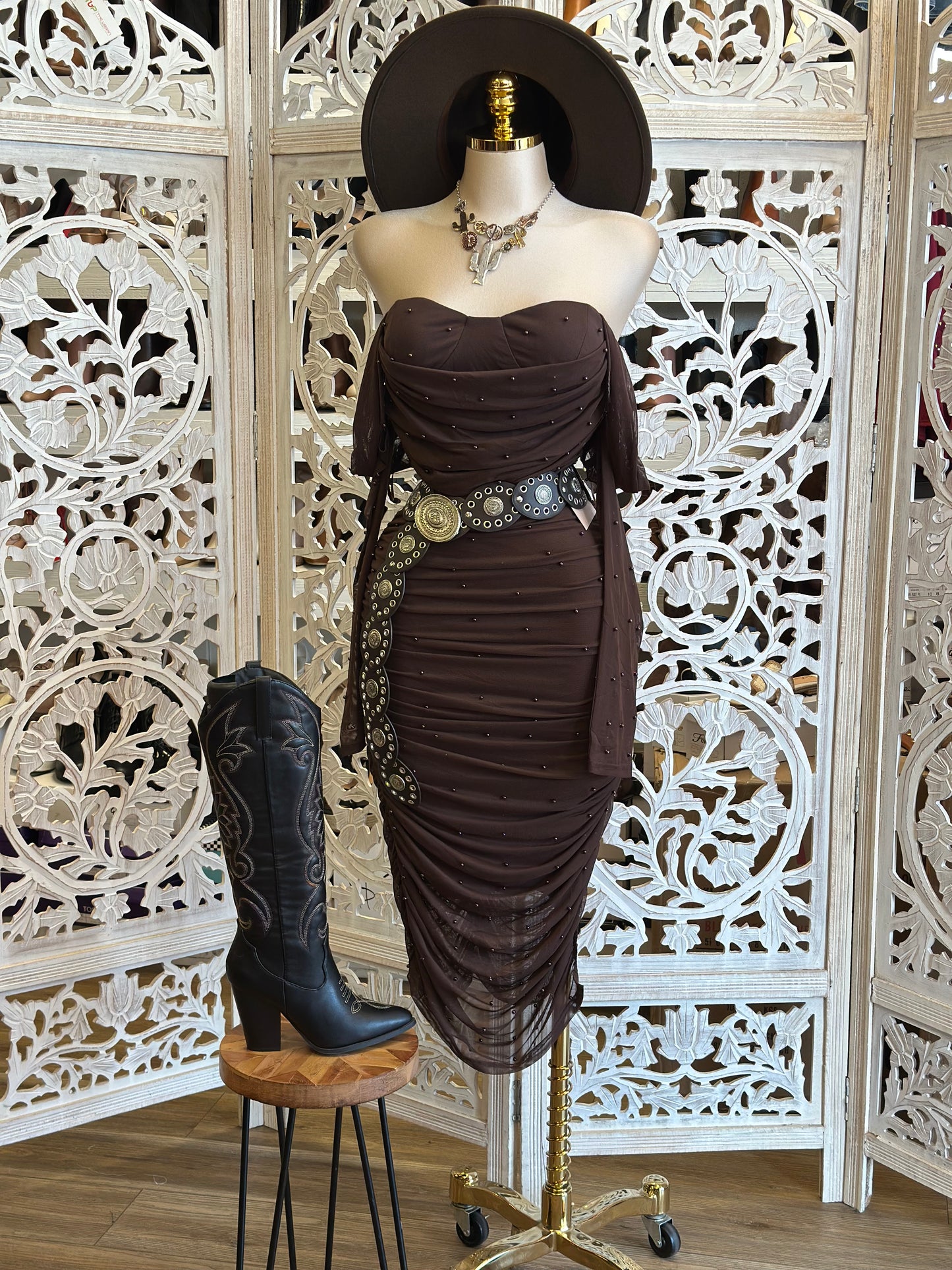 Earth Ruched Embellished Midi Dress- Stretchy, Estira