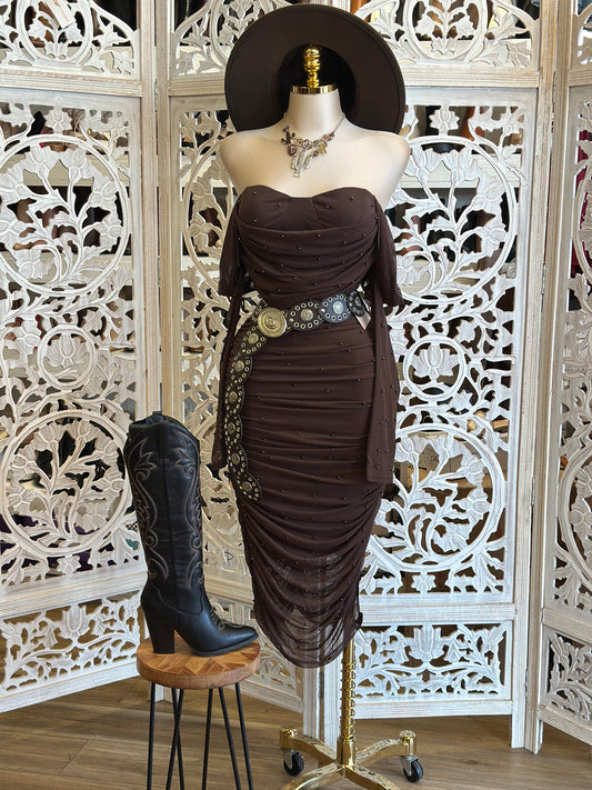 Earth Ruched Embellished Midi Dress- Stretchy, Estira