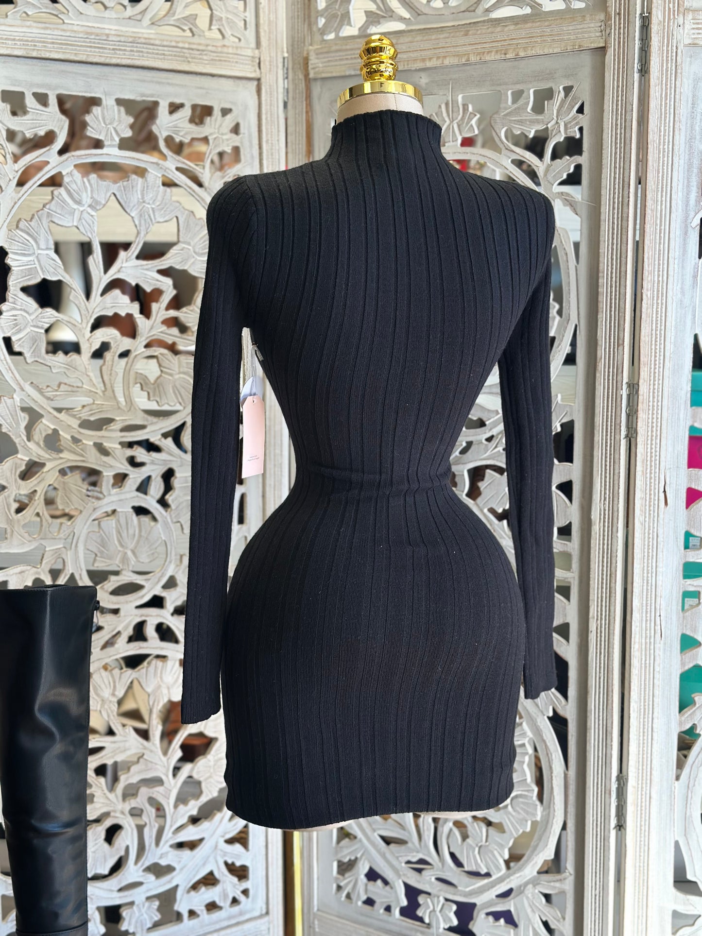 Black Cable Knit Sweater Mini Dress- Stretchy,Estira