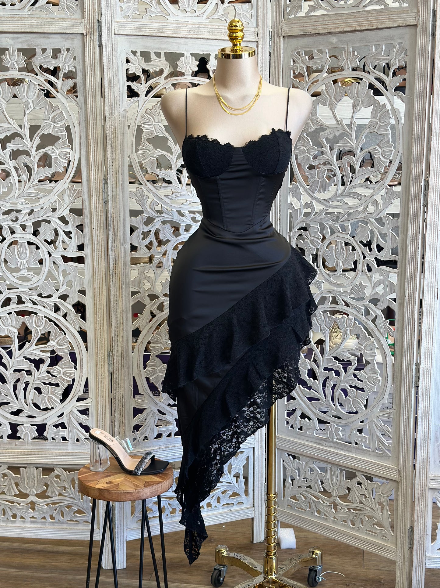 Black Asymmetrical Satin Dress - Estira, Stretchy