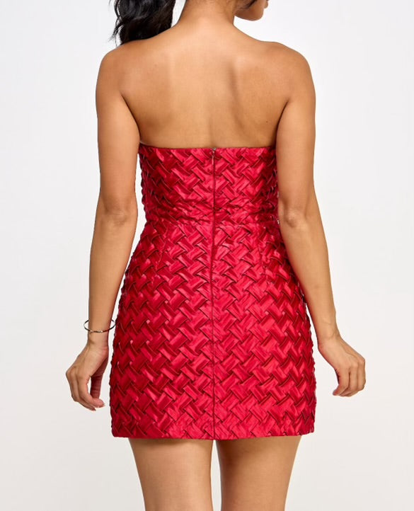 Red Satin Thick Woven Mini Dress- Stretchy,Estira