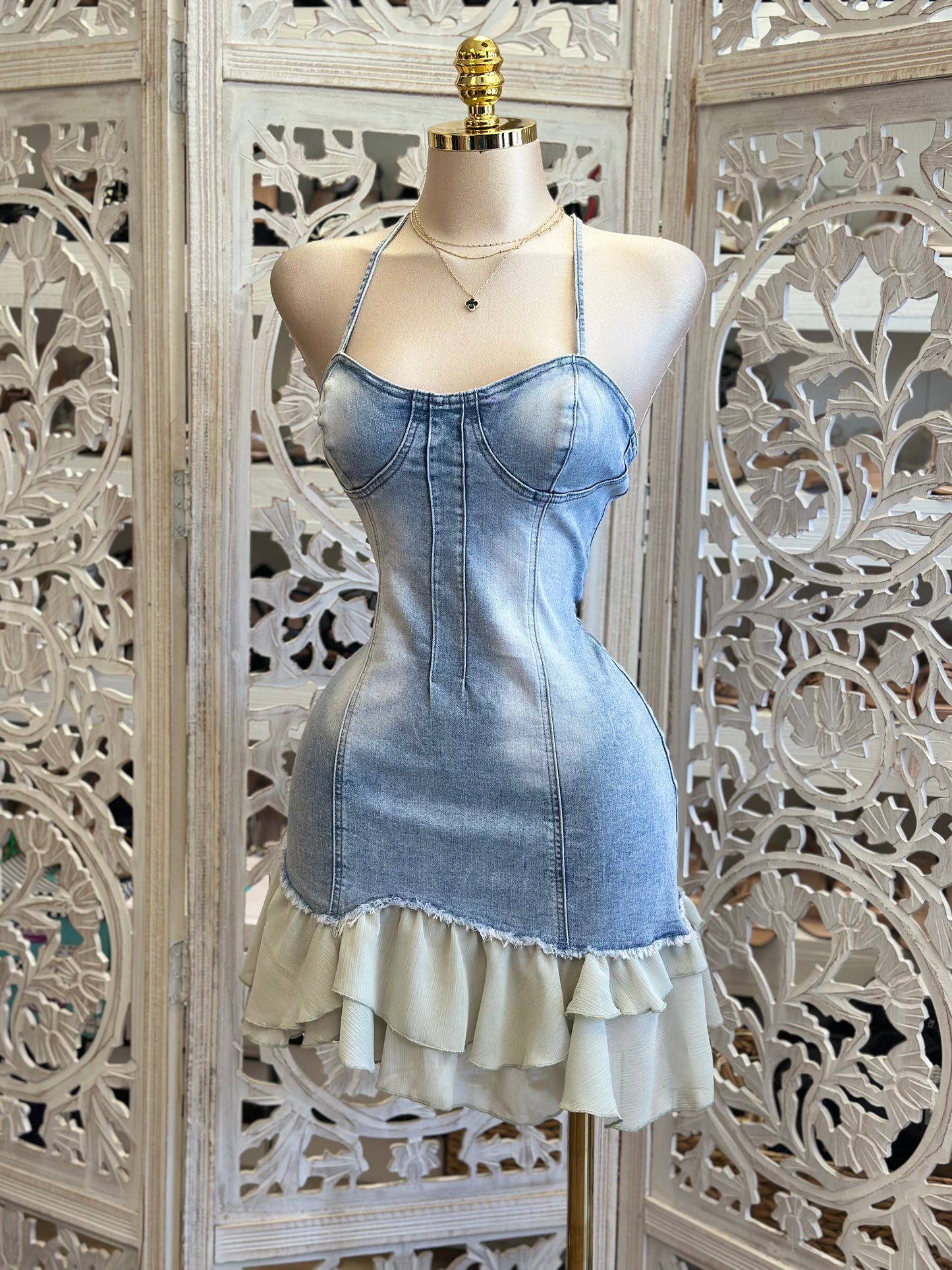 Washed Denim Ruffle Mini Dress- Stretchy, Estira