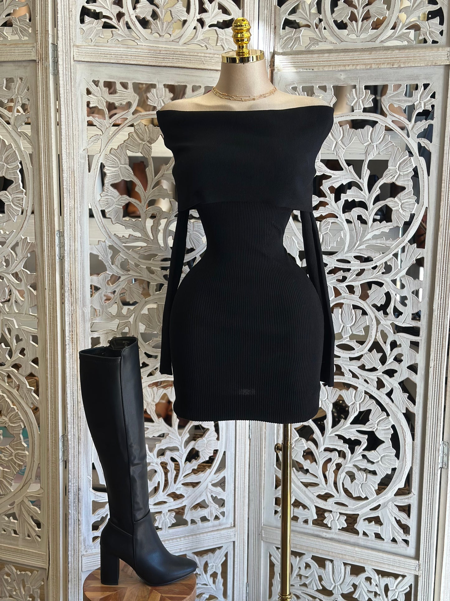 Off Shoulder Black Ribbed Sweater Mini Dress- Stretchy,Estira