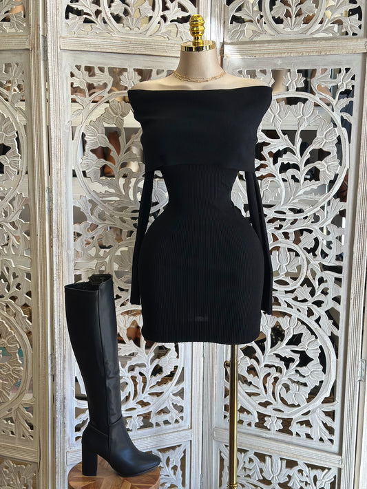 Off Shoulder Black Ribbed Sweater Mini Dress- Stretchy,Estira